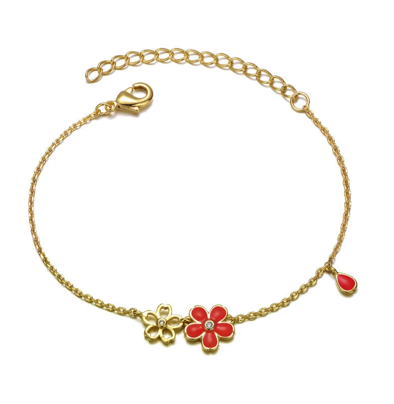 bracelets with black diamond -Kids 14k Gold Plated Flower Charm red Enamel Bracelet