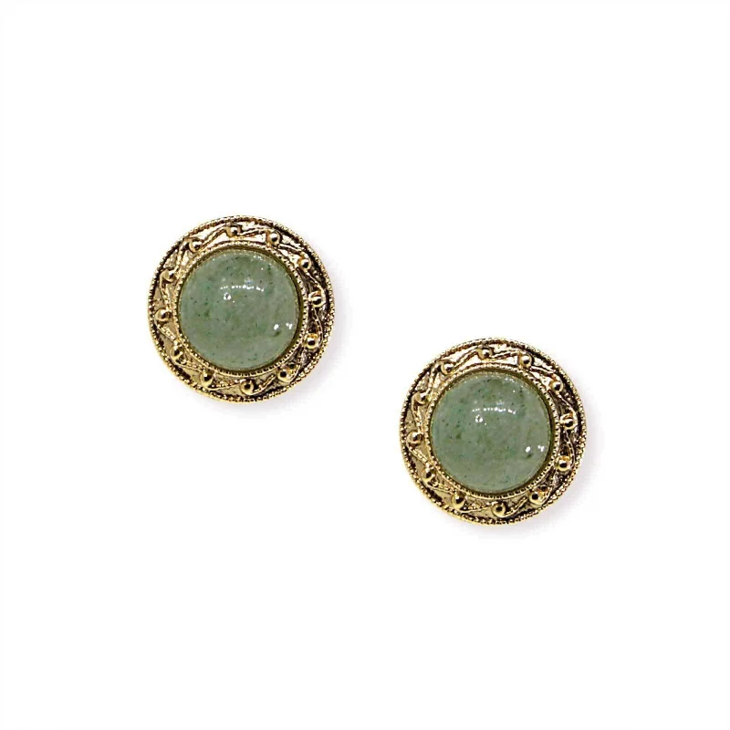 ladies earrings for casual days -1928 Jewelry Round Green Aventurine Gemstone Button Earrings