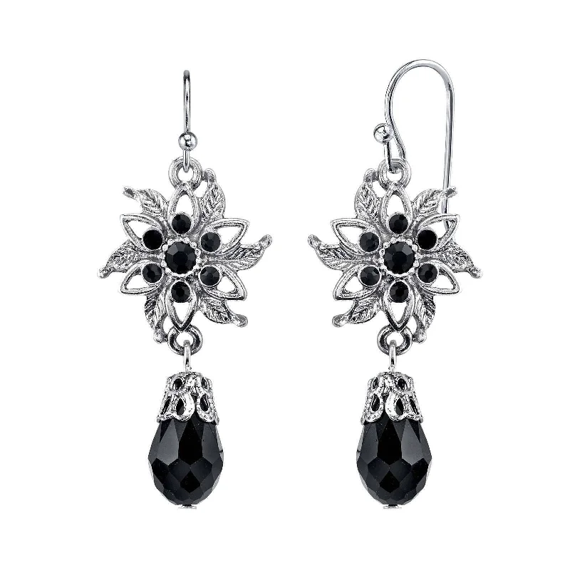 ladies earrings for young women -1928 Jewelry Black Crystal Flower Jet Crystal Dangling Earrings