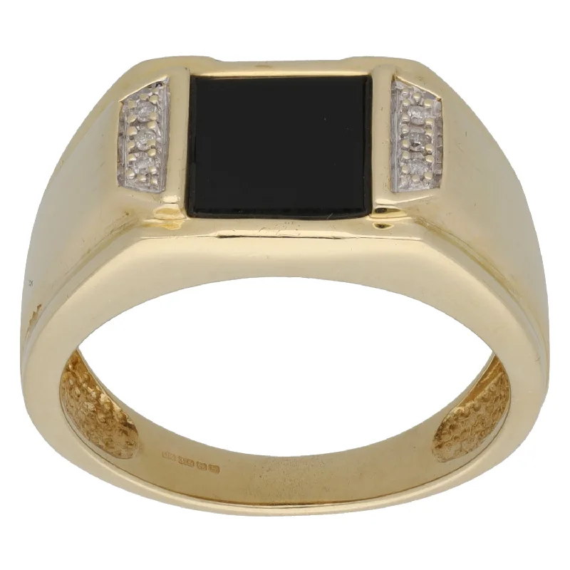 ladies engagement rings with onyx black -9ct Gold Onyx & 0.03ct Diamond Signet Ring Size T