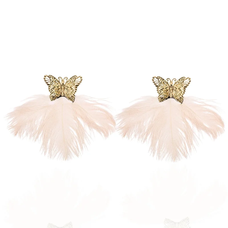 ladies earrings with zircon shine -Dana Ostrich Feather Earrings - Blush