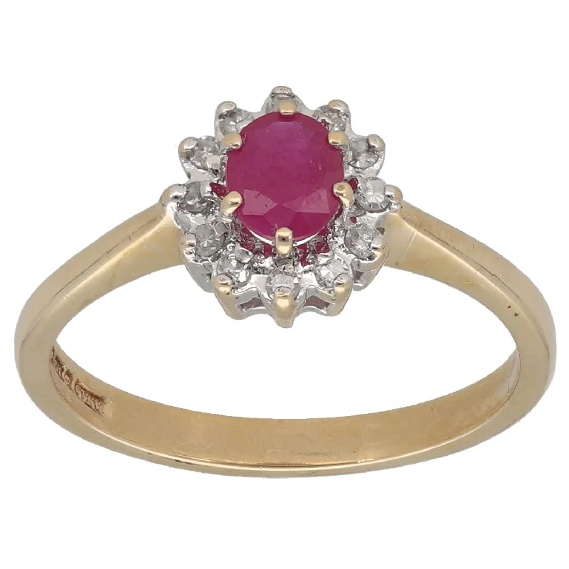 ladies engagement rings trillion cut gem -9ct Gold Glass Filled Ruby & 0.12ct Diamond Cluster Ring Size L