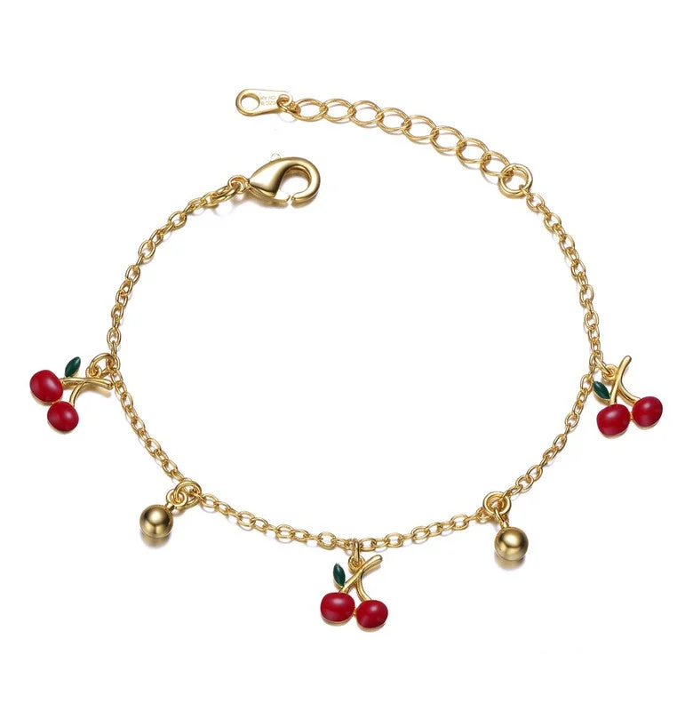 bracelets with gemstone beads -Kids 14k Gold Plated Red Cherry Charms Bracelet