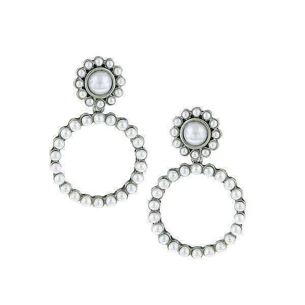 ladies earrings with gemstone accents -1928 Jewelry White Faux Pearl Front Faced Hoop Earrings