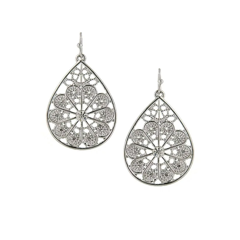 ladies earrings vintage inspired -1928 Jewelry Crystal Silver Fancy Filigree Teardrop Earrings