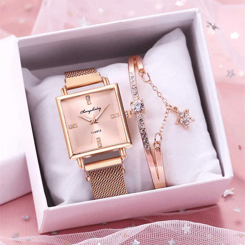 bracelets minimalist design -Ladies Fashion Watch Set Creative Square Dial Magnet Buckle Stainless Steel Mesh Band Women Quartz Watch Elegant Bracelet