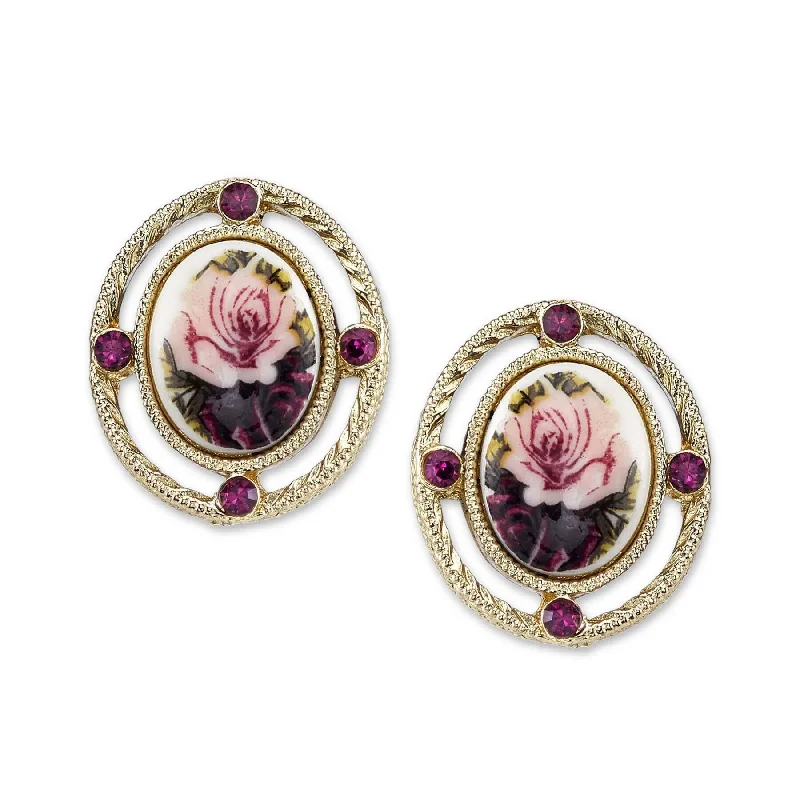 ladies earrings with ruby red -2028 Jewelry Purple And Pink Decal Floral Manor House Oval Button Earrings