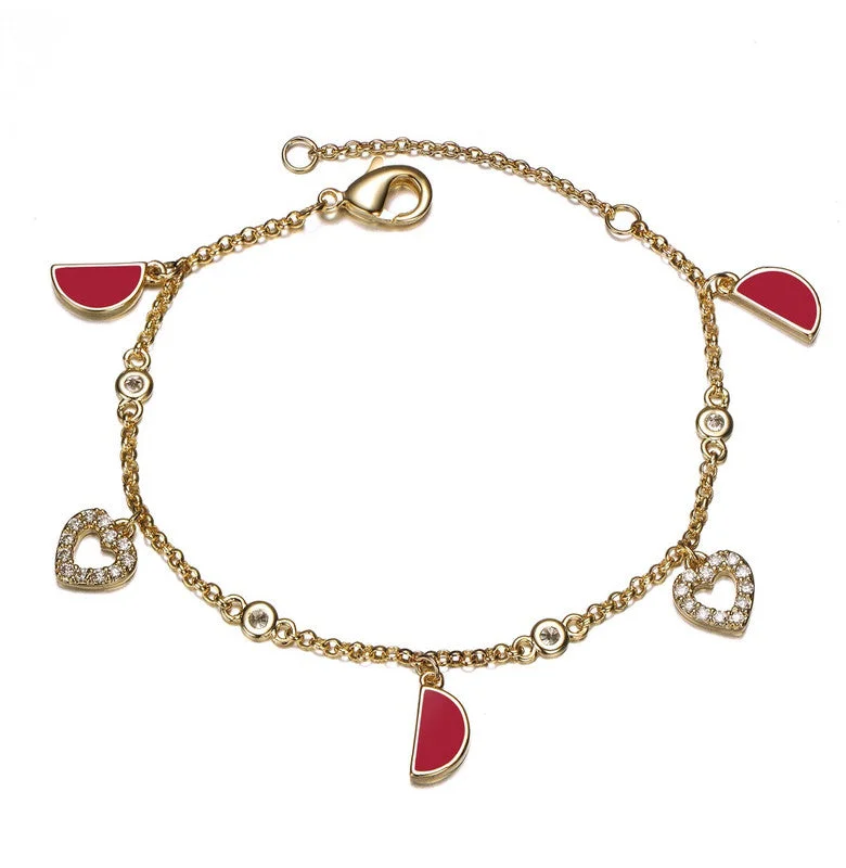 bracelets with green emerald -Toddlers/Kids 14k Yellow Gold Plated Red Moon and Cubic Zirconia Heart Charm Bracelet