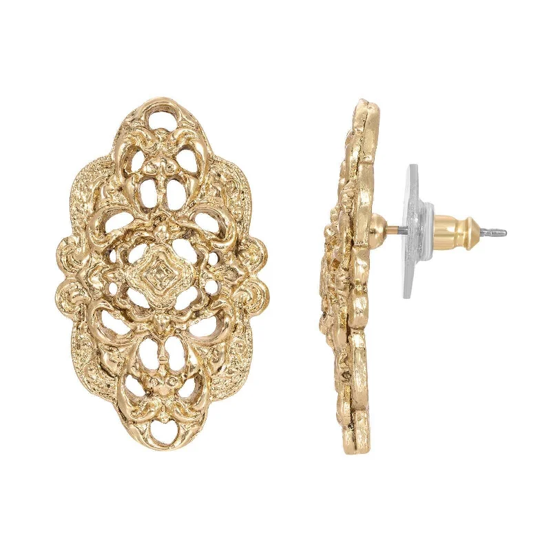 ladies earrings for daily wear -1928 Jewelry Gold Nouveau Signature Filigree Button Earrings