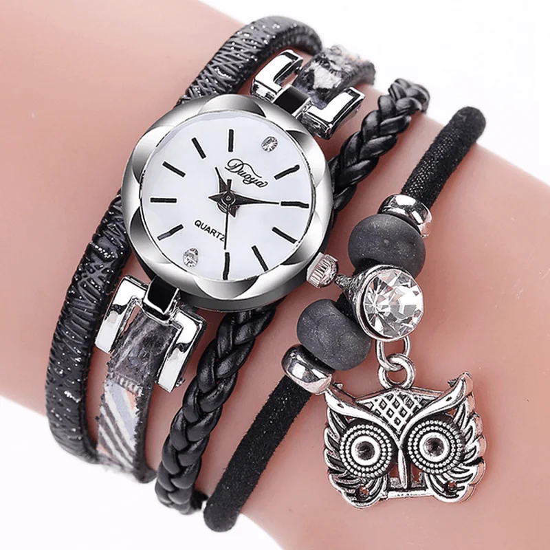 bracelets stackable trendy -DUOYA Cute Style Owl Pendant Ladies Bracelet Watch Fashion Women Wrist Watch