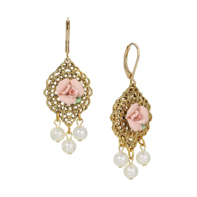 ladies earrings for beach vibe -1928 Jewelry Porcelain Rose Faux Pearl Drop Earrings