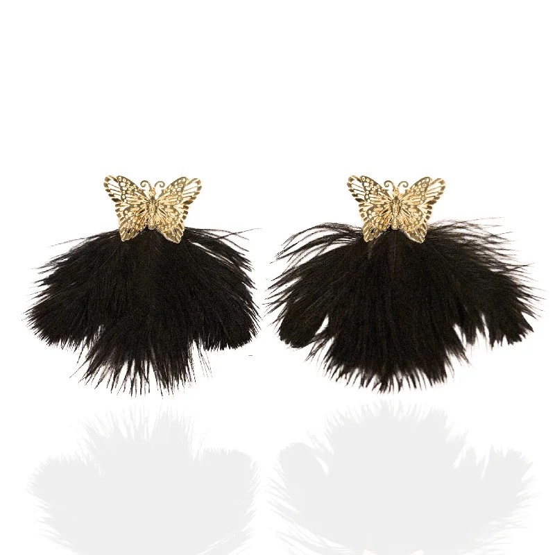 ladies earrings elegant gold tone -Dana Ostrich Feather Earrings - Black