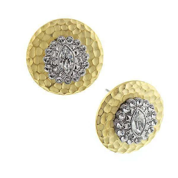 ladies earrings classic elegance -1928 Jewelry Crystal Burst Two Tone Hammered Button Earrings