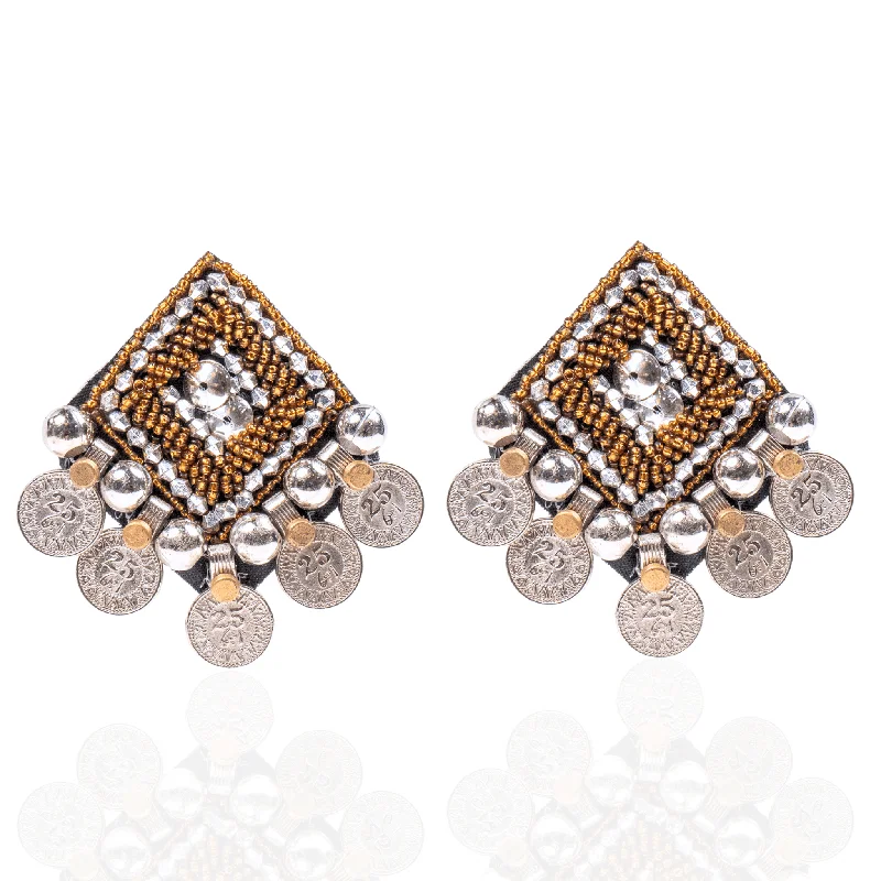 ladies earrings for vintage fans -Indira Beaded Earrings - Silver Coin