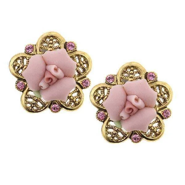 ladies earrings tiny studs -1928 Bridal Pink Crystal And Porcelain Rose Filigree Button Earrings