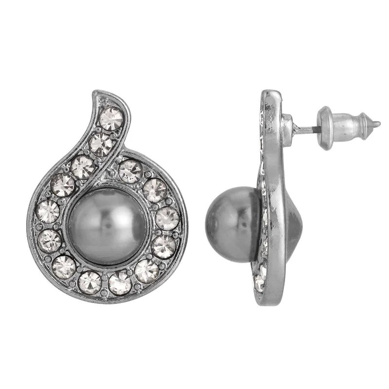 ladies earrings for fashion lovers -1928 Jewelry Tahitian Grey Faux Pearl Black Diamond Crystal Accent Button Earrings