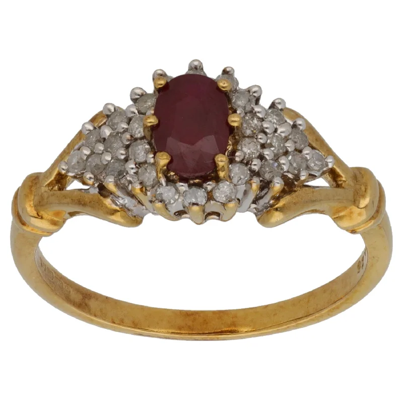 ladies engagement rings gold plated finish -9ct Gold Glass Filled Ruby & 0.20ct Diamond Dress/Cocktail Ring Size P