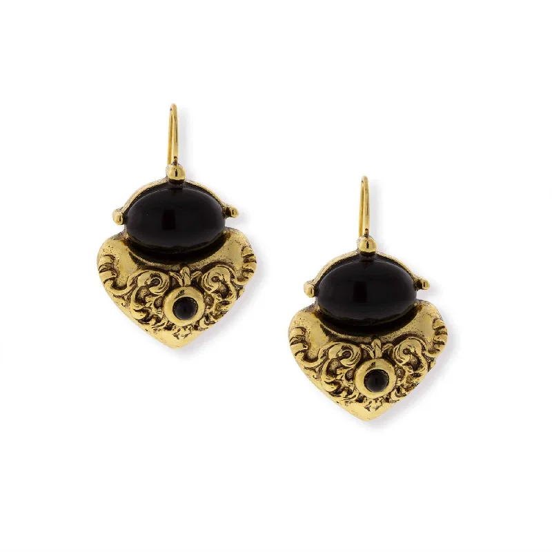 ladies earrings with crystal sparkle -Antiquities Couture Black Corinthian Sculpted Heart Drop Earrings