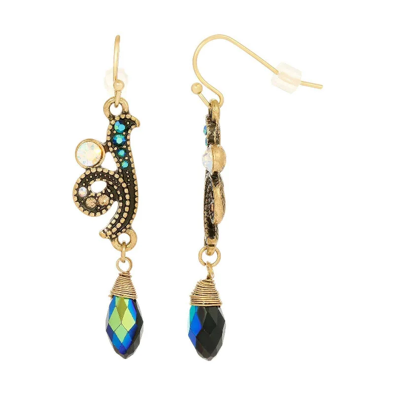 ladies earrings rose gold finish -1928 Jewelry Peacock Plumage Blue Iridescent AB Glass Drop Bead Fish Hook Earrings