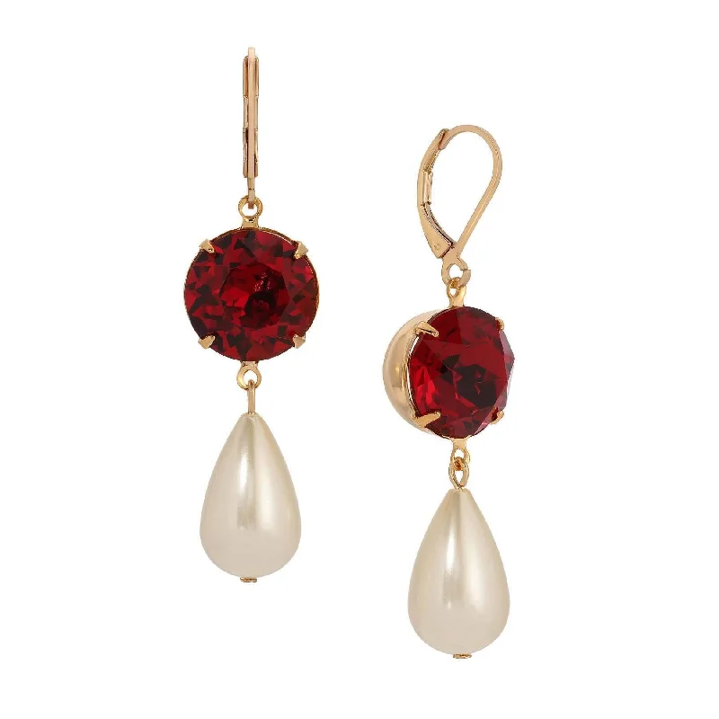 ladies earrings boho chic vibe -1928 Jewelry Siam Red Euro Crystal Faux Pearl Teardrop Dangling Earrings