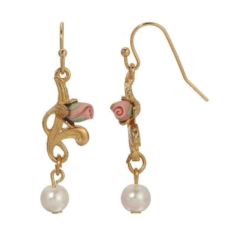 ladies earrings with red ruby -1928 Jewelry Pink Porcelain Rose Bud & Faux Pearl Dangling Earrings