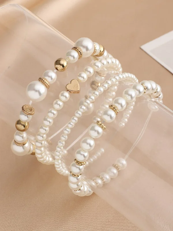 bracelets for evening wear -4pcs Heart & Faux Pearl Decor Beaded Bracelet