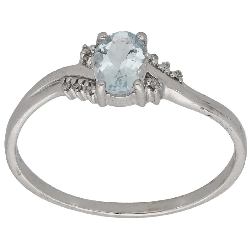 ladies engagement rings with side stones -9ct White Gold 0.04ct Diamond & Aquamarine Dress/Cocktail Ring Size Y