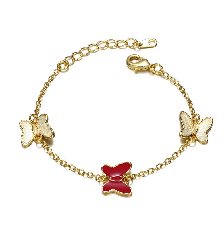 bracelets with aquamarine stone -Kids 14k Gold Plated Red Butterfly Charms Bracelet