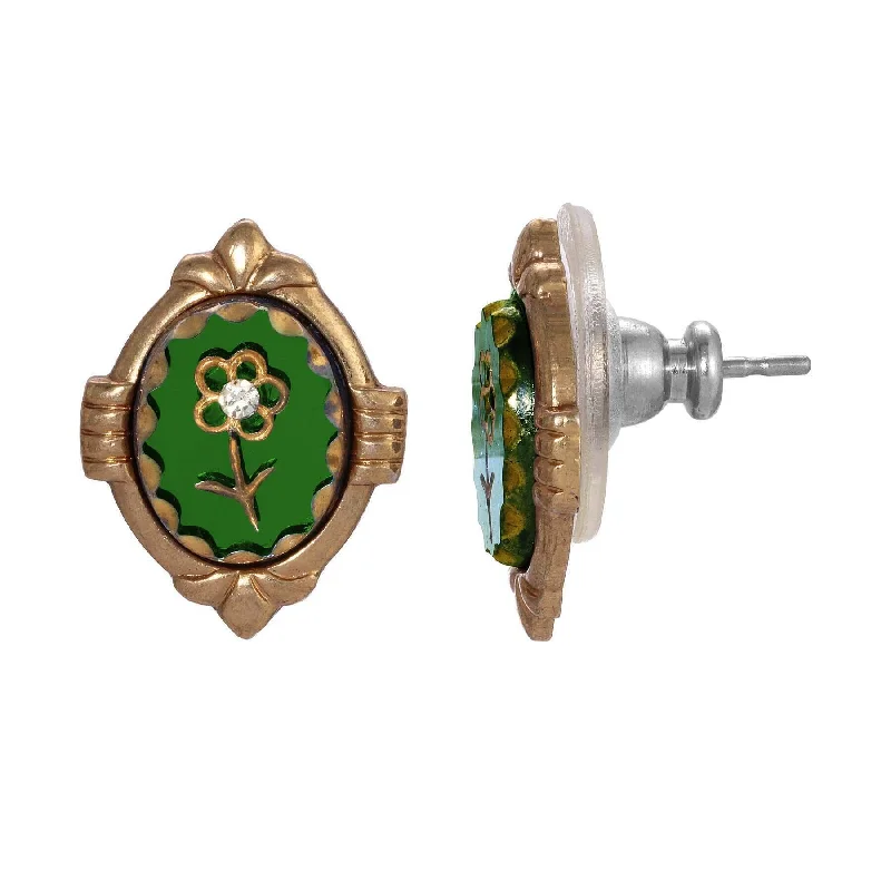 ladies earrings for casual days -1928 Jewelry Intaglio Emerald Green Flower & Crystal Post Stud Earrings