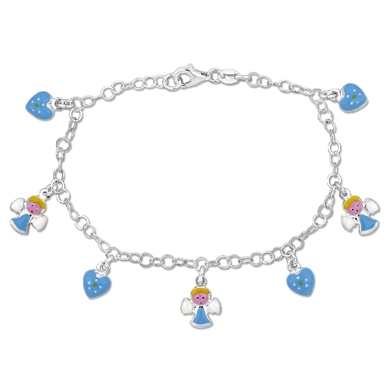 bracelets hypoallergenic metal -Mimi & Max Children's White and Blue Enamel Angel and Heart Charm Station Bracelet in Sterling Silver - 7.5 in.