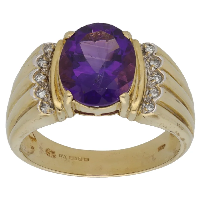 ladies engagement rings pink sapphire glow -9ct Gold Amethyst & 0.05ct Diamond Dress/Cocktail Ring Size S