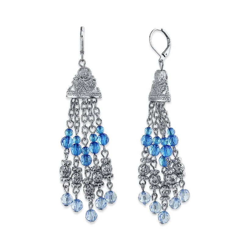 ladies earrings with pearl drops -2028 Jewelry Sapphire Blue Crystal Round Puff Filigree Beaded Tassel Drop Earrings