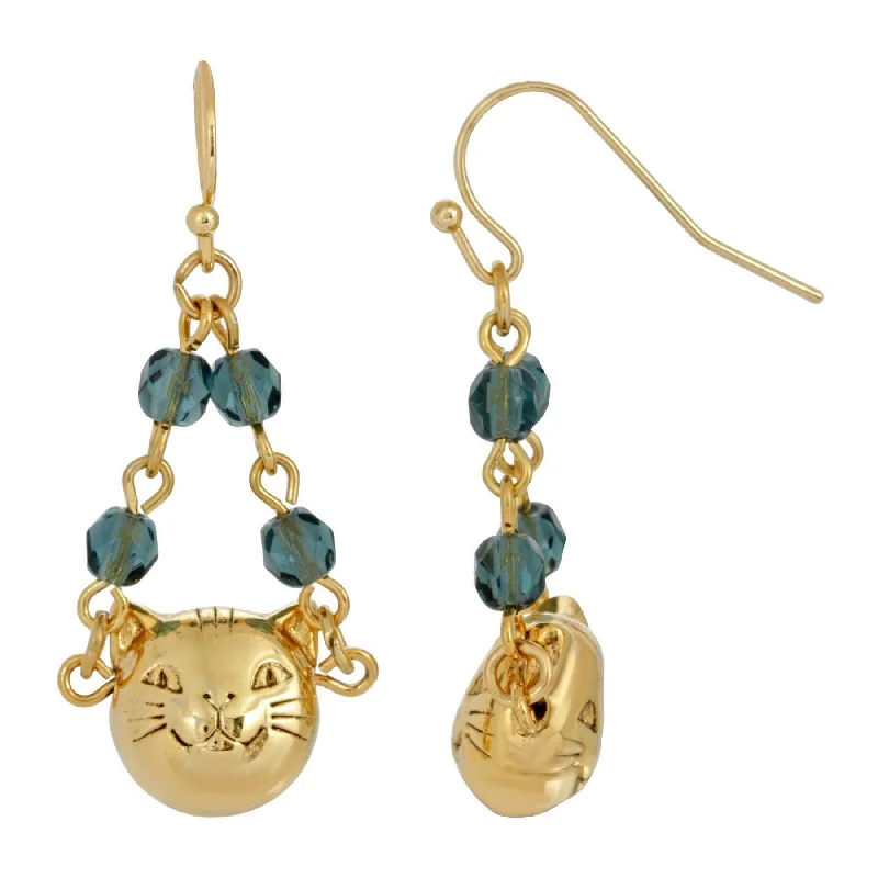 ladies earrings for mother gift -1928 Jewelry Cat Face With  Blue Beaded Chain Drop Wire Earrings