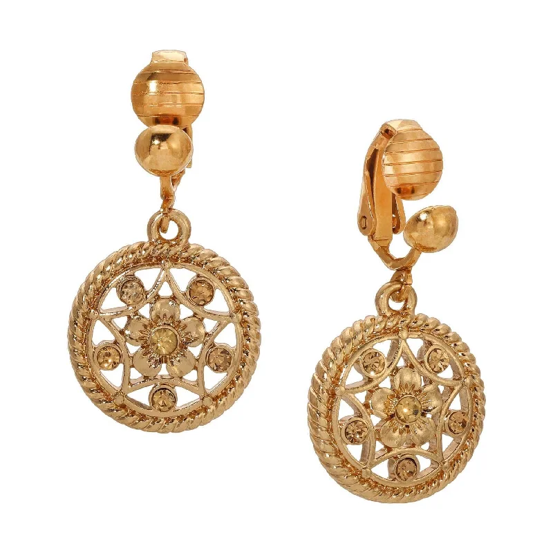 ladies earrings for holiday gift -1928 Jewelry Light Topaz Crystal Round Clip On Earrings