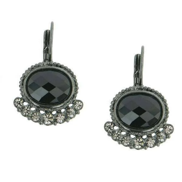 ladies earrings two tone finish -2028 Jewelry Black Oval Stone & Diamond Crystal Lever Back Earrings