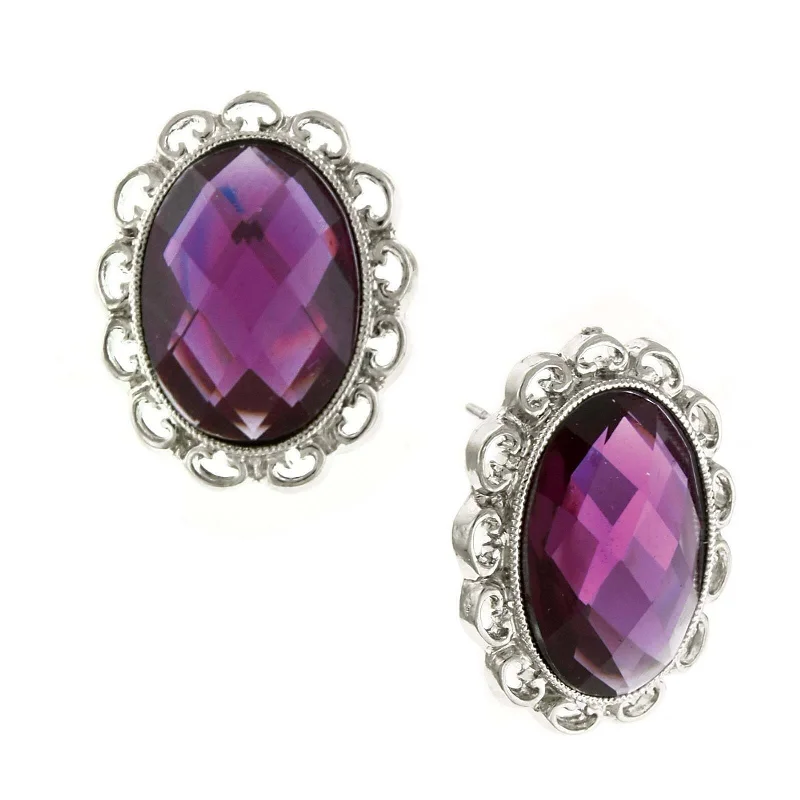 ladies earrings for prom night -1928 Jewelry Purple Stone Faceted Oval Button Earrings