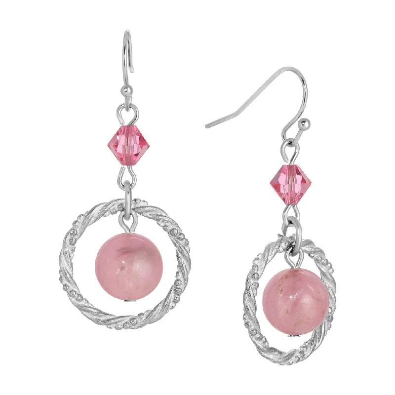 ladies earrings for evening wear -1928 Jewelry Roseate Paradise Rose Pink Crystal Twisted Hoop & Pink Bead Dangling Earrings