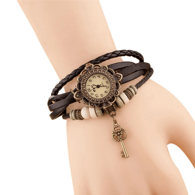 bracelets for gift ideas -Vintage Multilayer Key Pendant Leather Strap Women Quartz Watch Bracelet Watch