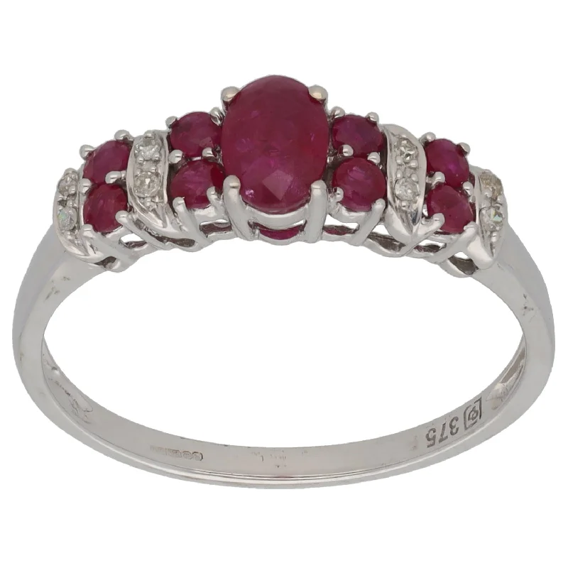 ladies engagement rings with birthstone -9ct White Gold Ruby & 0.08ct Diamond Dress/Cocktail Ring Size S