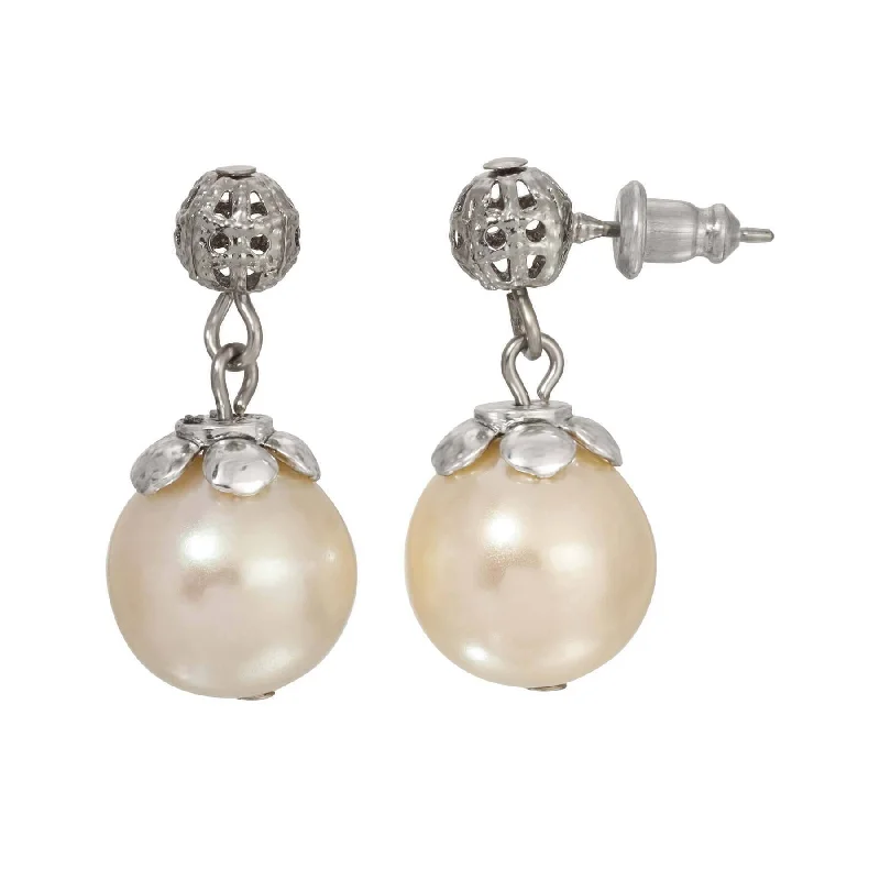 ladies earrings romantic appeal -1928 Jewelry Round Faux Pearl Filigree Bead Post Back Drop Earrings