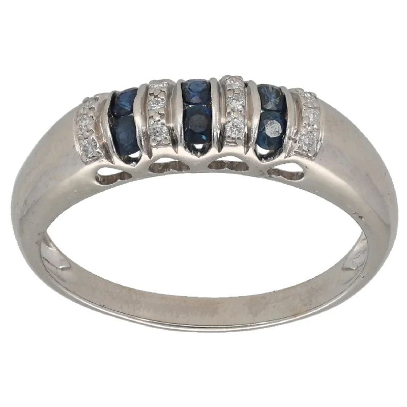 ladies engagement rings with moonstone -9ct White Gold Sapphire & 0.16ct Diamond Half Eternity Ring Size R