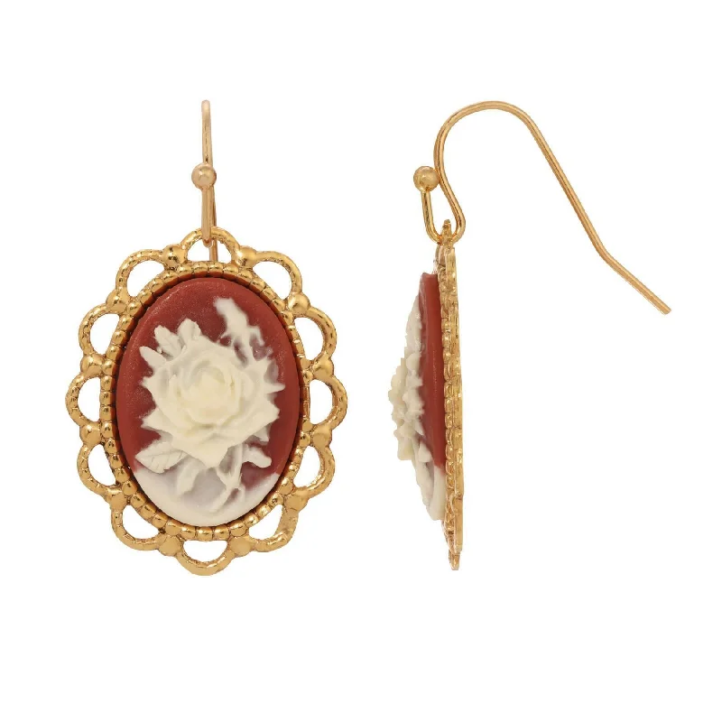 ladies earrings with blue topaz -1928 Jewelry Oval Carnelian Red And Ivory Rose Cameo Drop Earrings