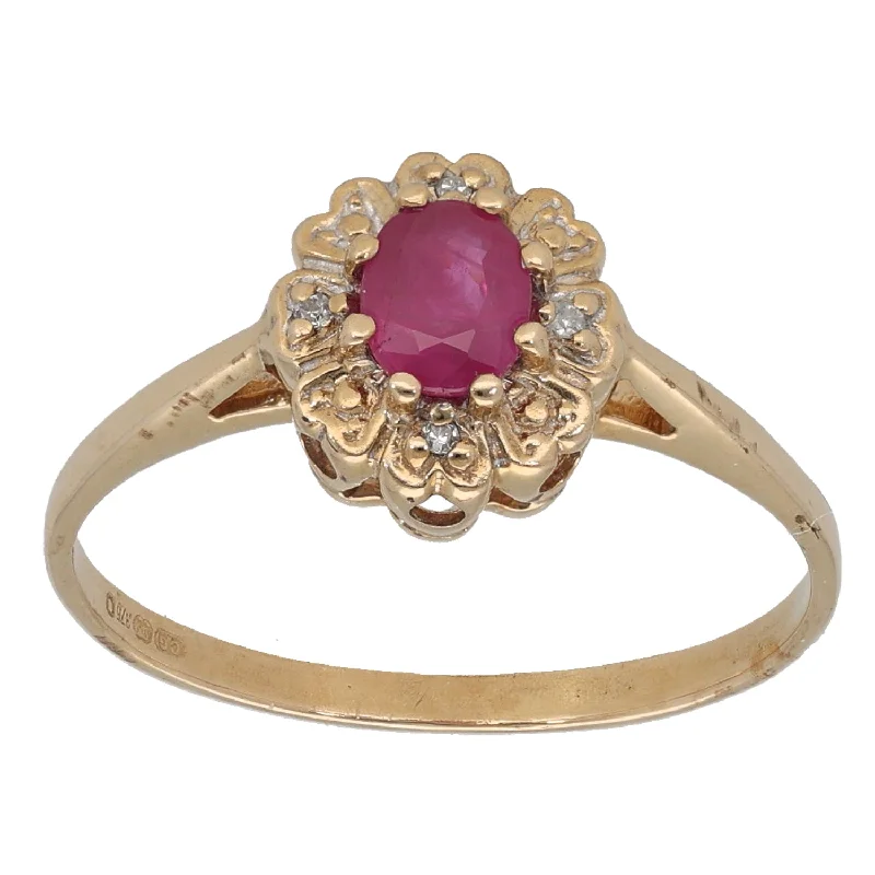 ladies engagement rings with aquamarine -9ct Gold Glass Filled Ruby & 0.02ct Diamond Cluster Ring Size P