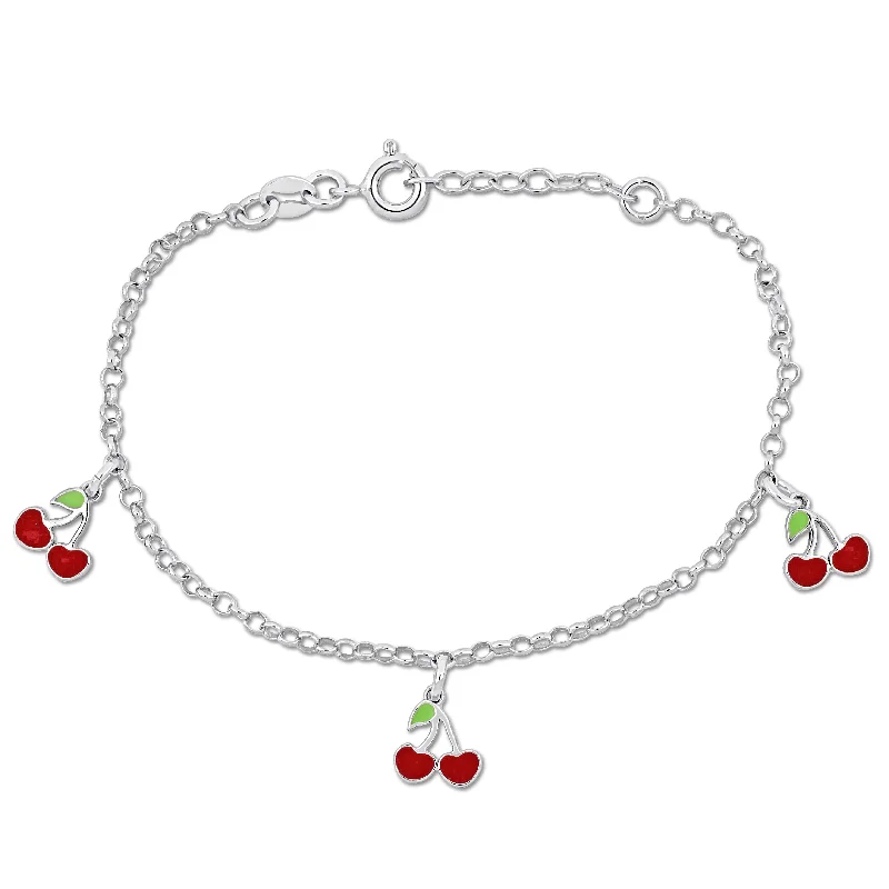 bracelets for office wear -Mimi & Max Children's White and Red Enamel Cherry Charm Rolo Chain Bracelet in Sterling Silver - 6.5+1 in.