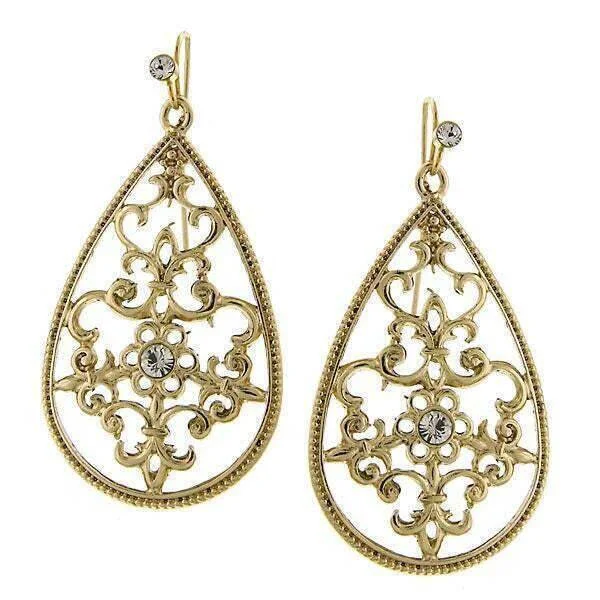 ladies earrings lightweight comfort -1928 Jewelry Golden Glitz Teardrop Crystal Filigree Drop Earrings