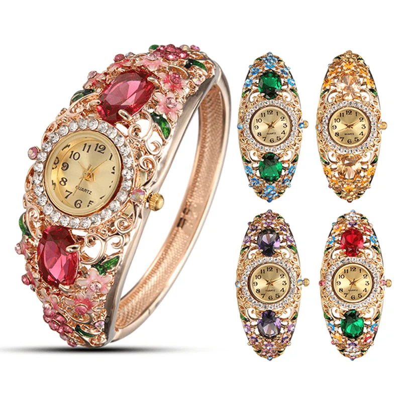 bracelets with rainbow gems -Deffrun Retro Style Ladies Bracelet Watch Flower Diamond Quartz Watch