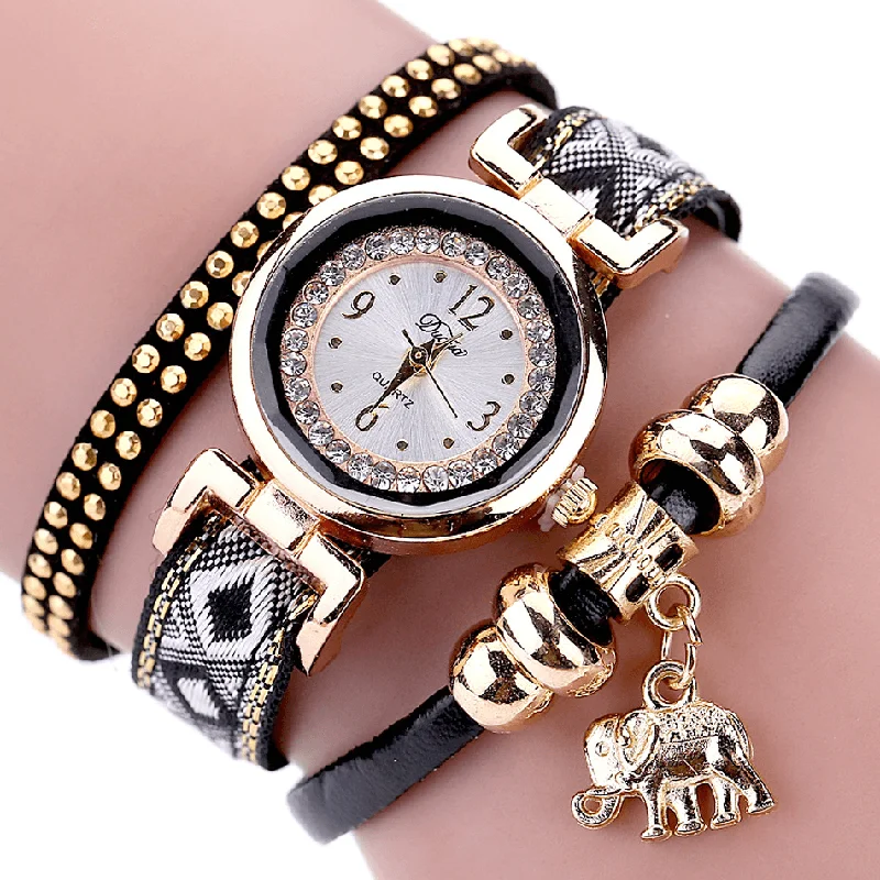 bracelets with pink tourmaline -DUOYA XR1889 Fashionable Gold Elephant Ladies Bracelet Watch Leather Strap Quartz Watches