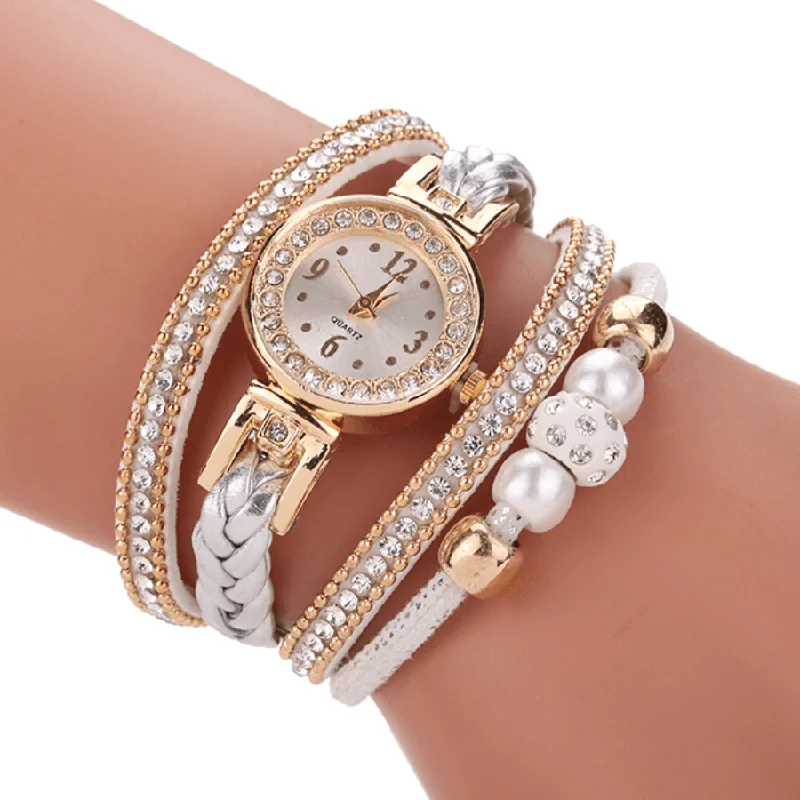 bracelets for prom night -Fashion Style Women Pearl Braided Alloy Women Wrist Watch Laides Dress Quartz Watch Bracelet