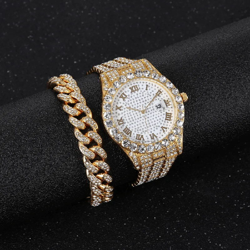 bracelets with diamond sparkle -Alloy Hip Hop Luxury 2 PCS Hip-Hop Chain Full Diamond Watch Bracelet Lady Quartz Watch