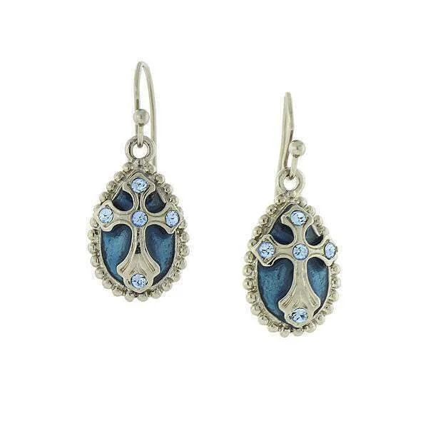 ladies earrings for evening wear -Symbols Of Faith Blue Enamel Crystal Cross Teardrop Earrings